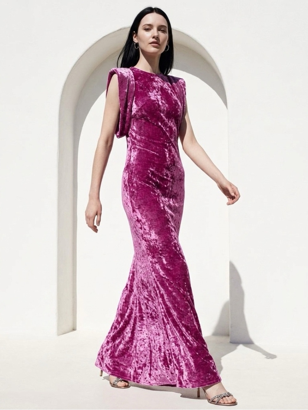 The Attico Fuchsia Crushed Velvet Maxi Gown